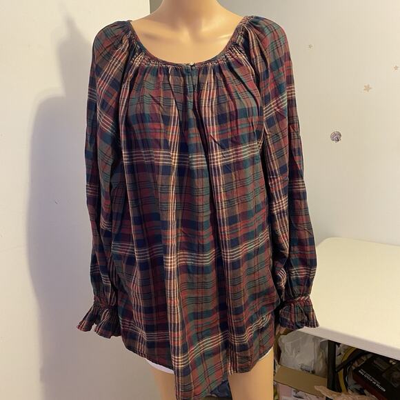 Chaps Women's Blouse Cotton 3X Multicolor Plaid Balloon Sleeve Holiday Western - Picture 6 of 9